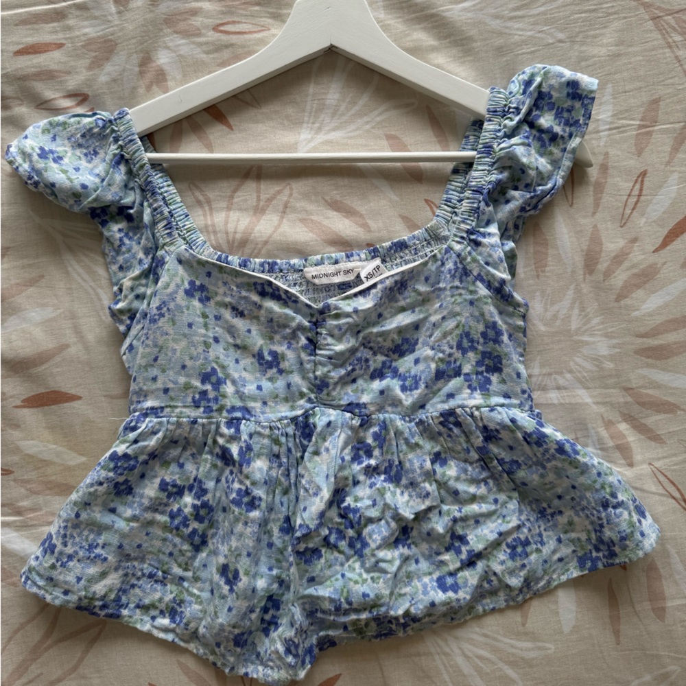 Midnight Sky Floral Blue Suntop Linen Blend Women's Top
